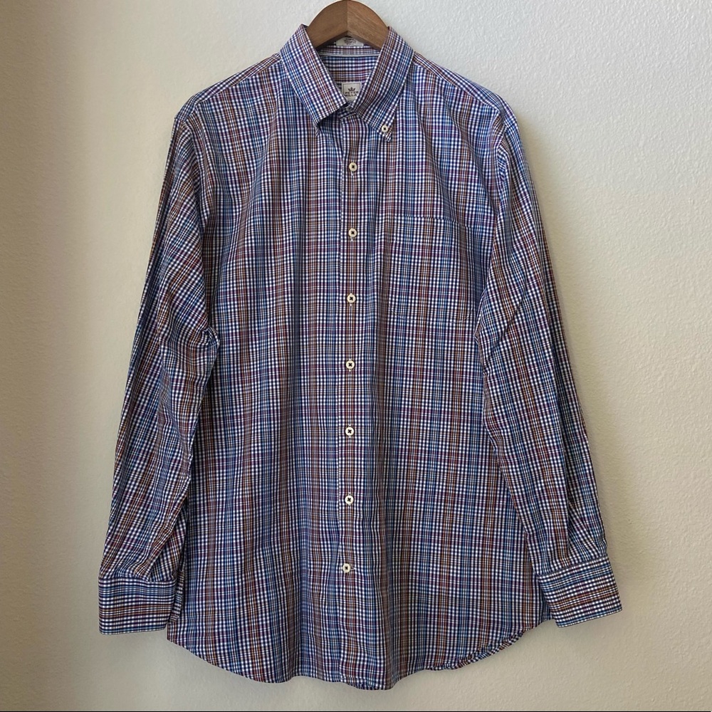 🆕 Peter Millar Plaid Button Down Dress Shirt - Navy, Orange, and Pink
